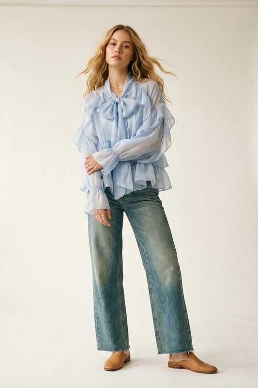 Light Blue Ruffled Sheer Blouse in chiffon fabric - Shirts