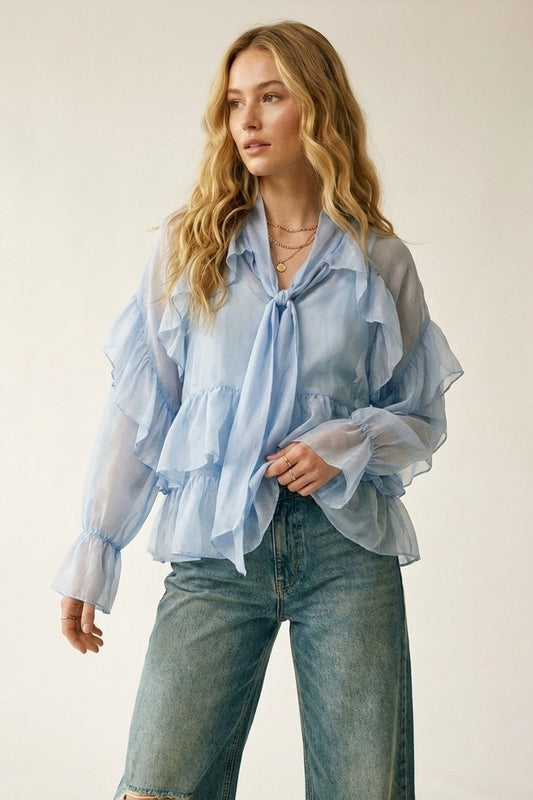Light Blue Ruffled Sheer Blouse in chiffon fabric - Shirts
