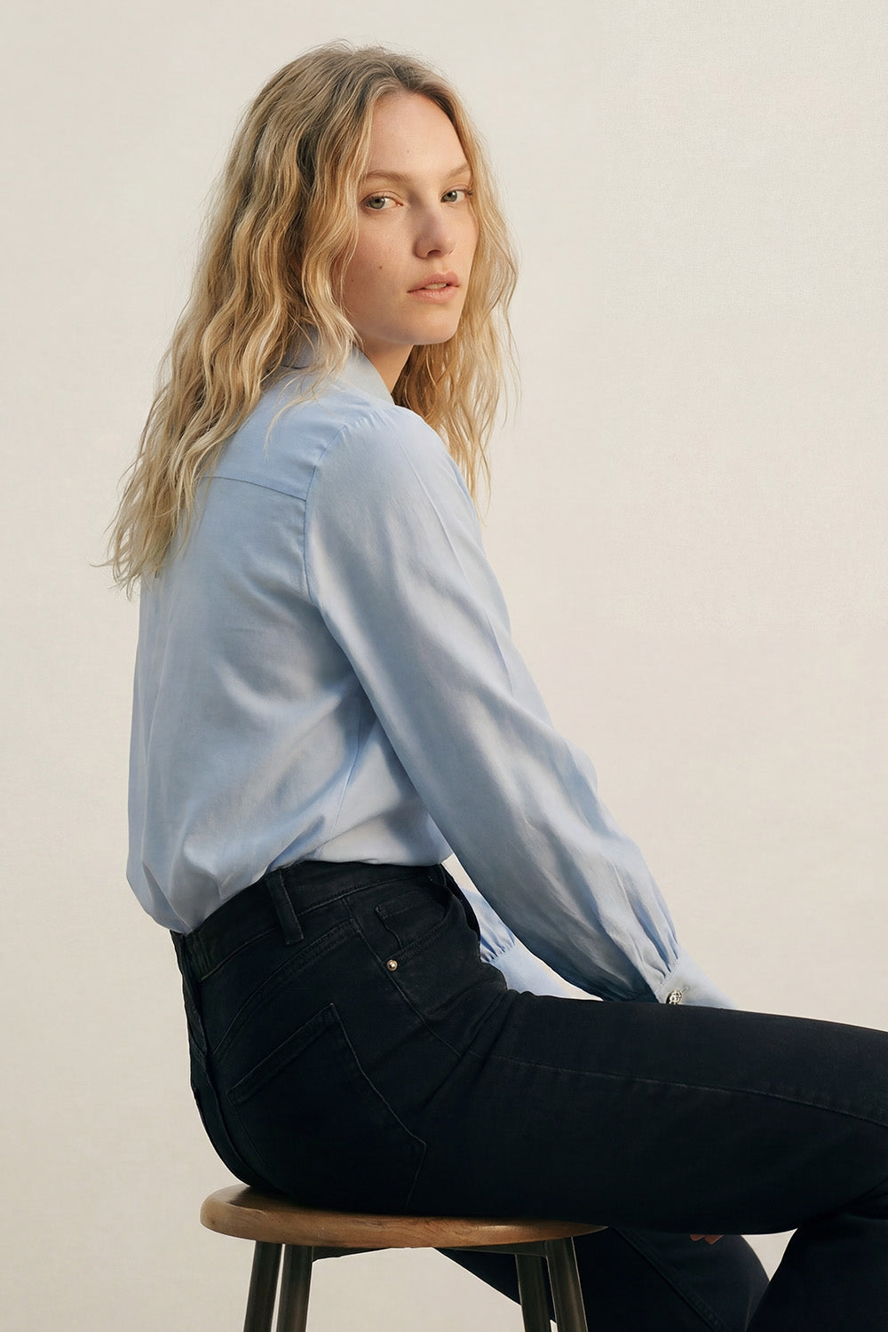 Light Blue Satin Button-Up Long Sleeve Shirt with two buttons on the cuff - Shirts