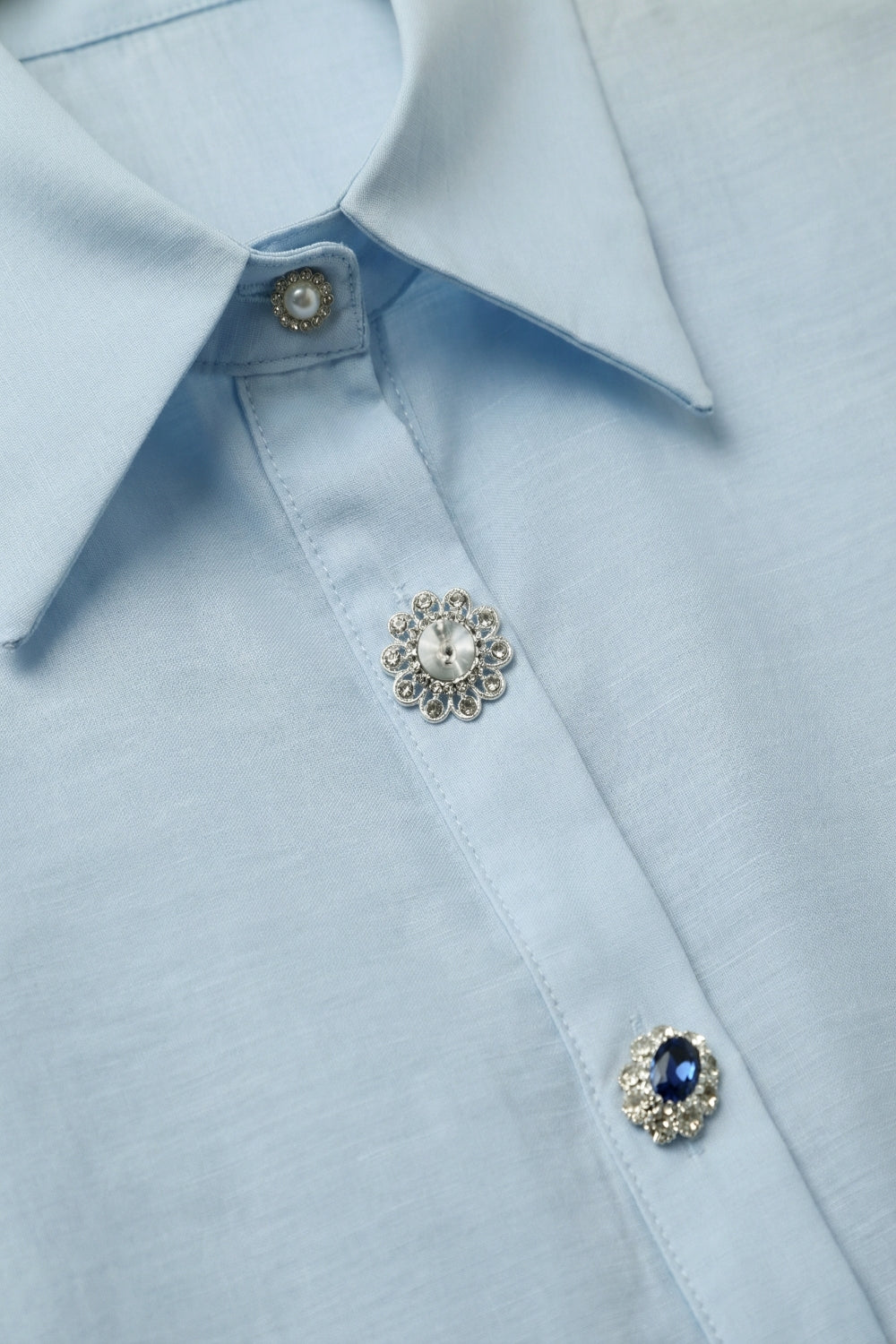Light Blue Satin Button-Up Long Sleeve Shirt with two buttons on the cuff - Shirts