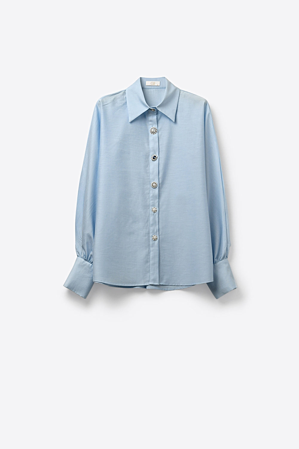Light Blue Satin Button-Up Long Sleeve Shirt with two buttons on the cuff - Shirts