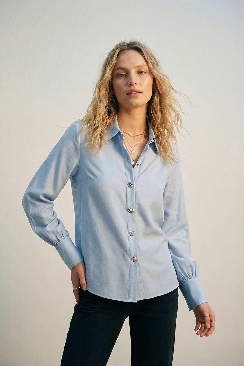 Light Blue Satin Button-Up Long Sleeve Shirt with two buttons on the cuff - Shirts