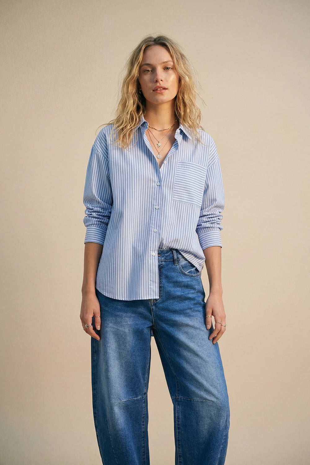 Light Blue Striped Relaxed Fit Button-Up Shirt - Shirts