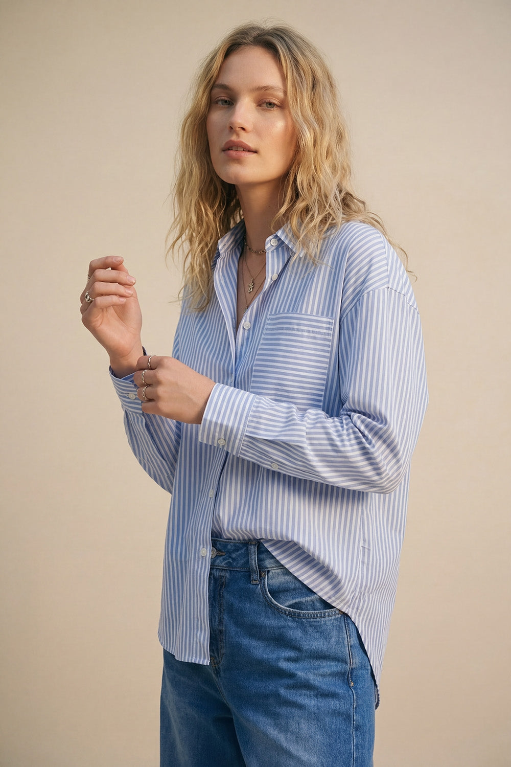 Light Blue Striped Relaxed Fit Button-Up Shirt - Shirts