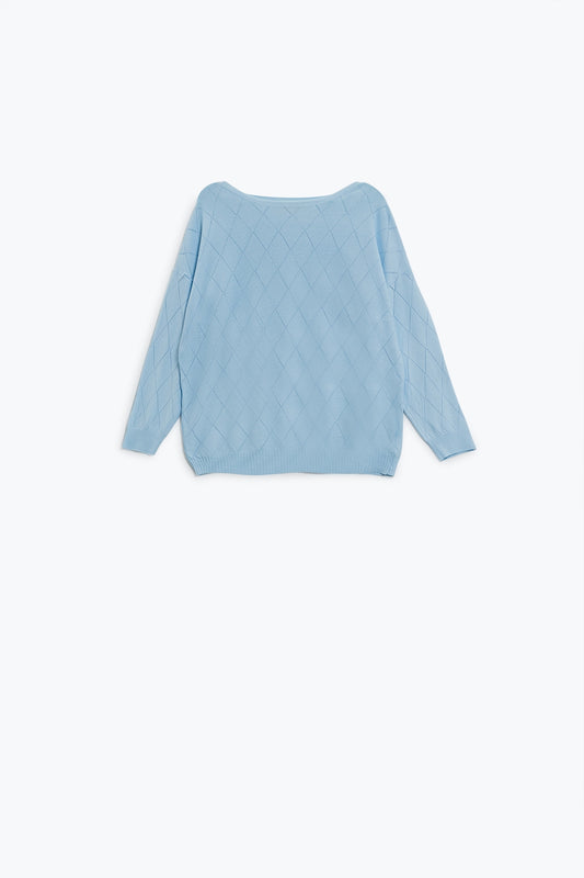 Light Blue Sweater In Argyle Print With Boat Neck - Jumpers