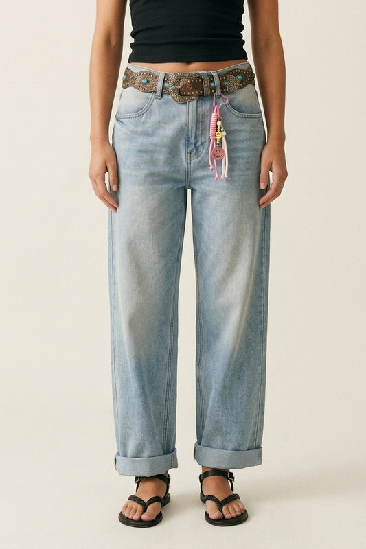 Light Blue Wide-Leg Denim Jeans mom style with Charm Detail - Jeans