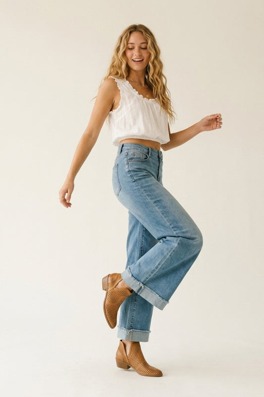 Light Blue Wide Leg Denim Jeans with Cuffed Hem - Jeans