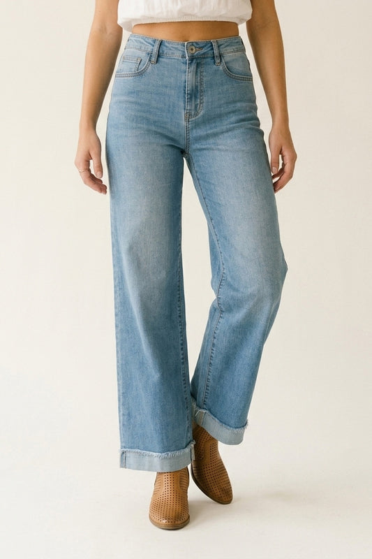 Light Blue Wide Leg Denim Jeans with Cuffed Hem - Jeans