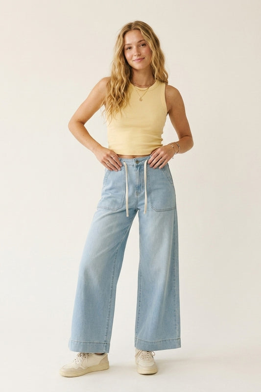 Light Blue Wide-Leg Denim Pants with Drawstring Waist - Jeans