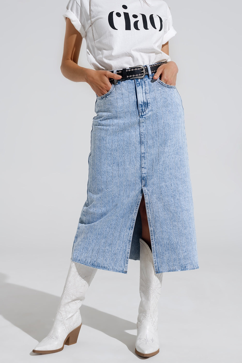 Light Denim Midi Skirt With Front Slit And Diamante Embellishment - Skirts