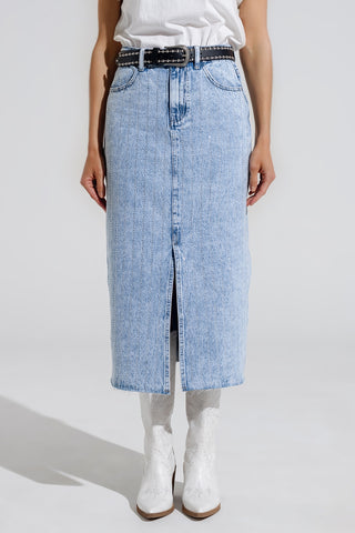 Light Denim Midi Skirt With Front Slit And Diamante Embellishment