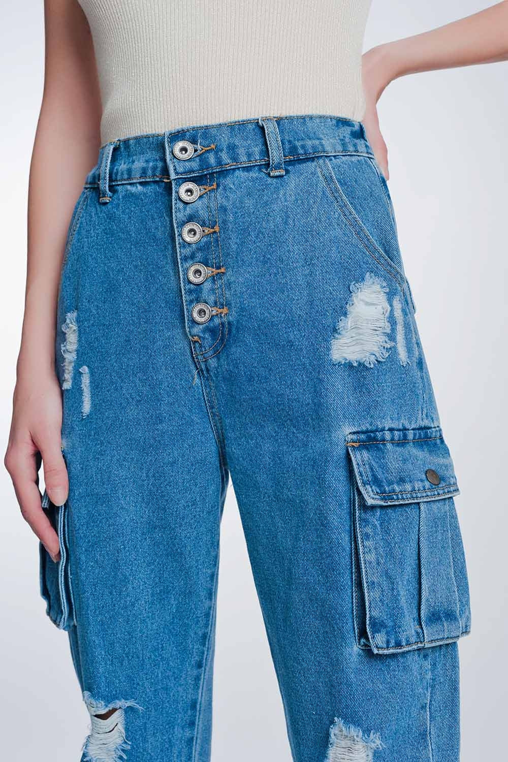 Light denim straight jeans ripped with side pockets - Jeans