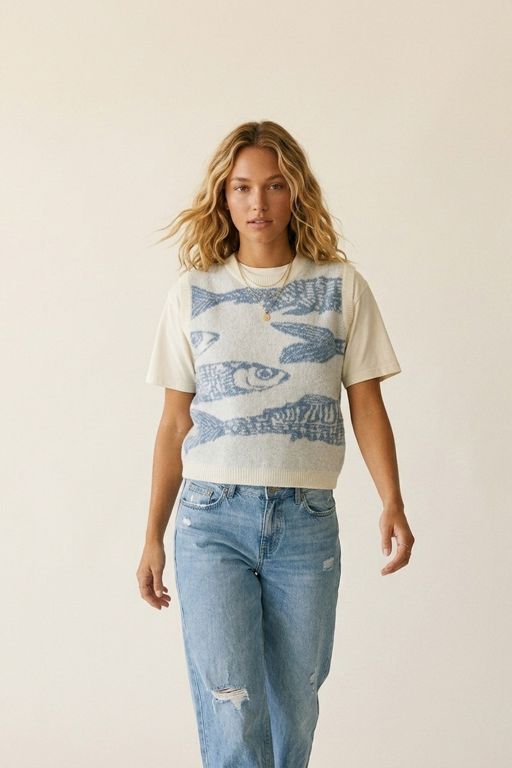 Light Grey and Blue Light Grey Fish Pattern Knit Sweater Vest - Sweaters