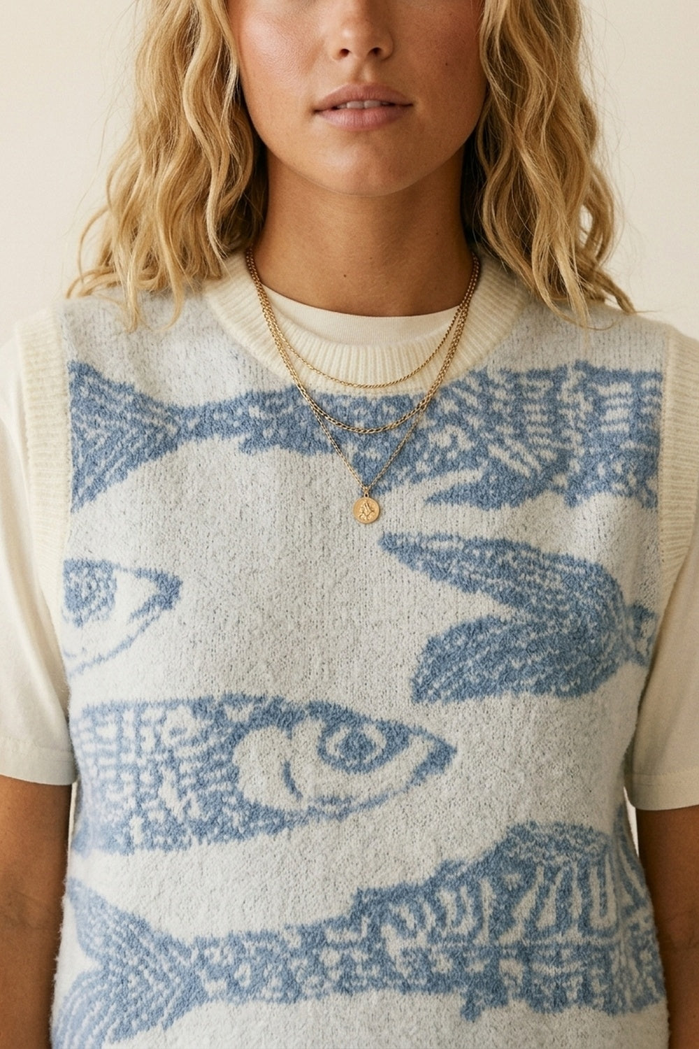 Light Grey and Blue Light Grey Fish Pattern Knit Sweater Vest - Sweaters