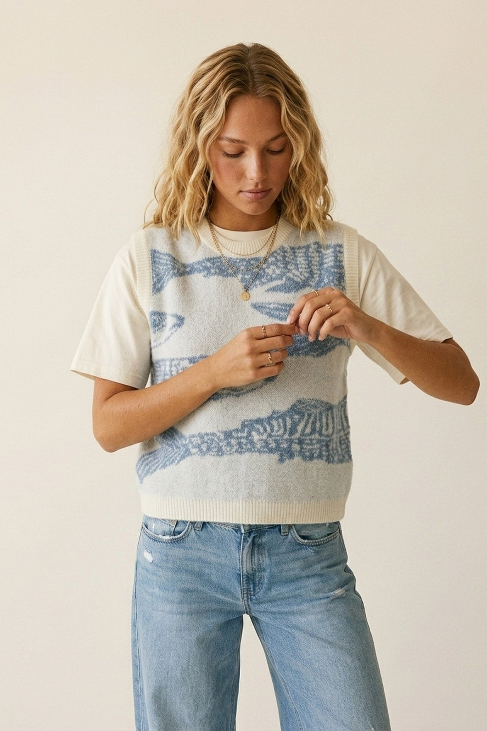 Light Grey and Blue Light Grey Fish Pattern Knit Sweater Vest - Sweaters