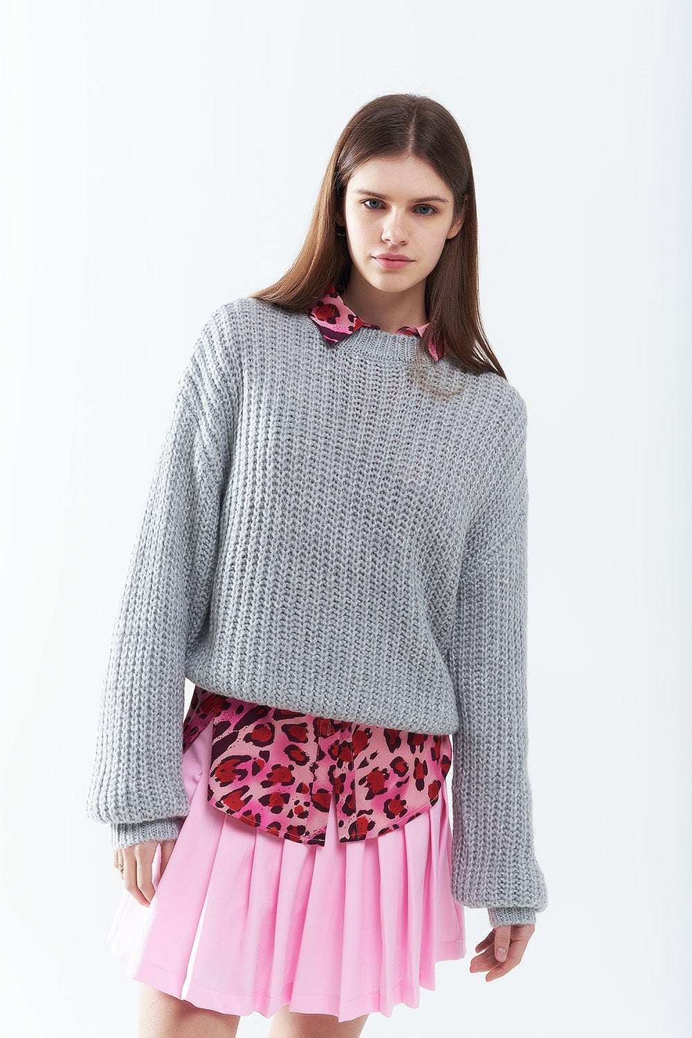 Light grey chunky knit sweater with balloon sleeves - Jumpers