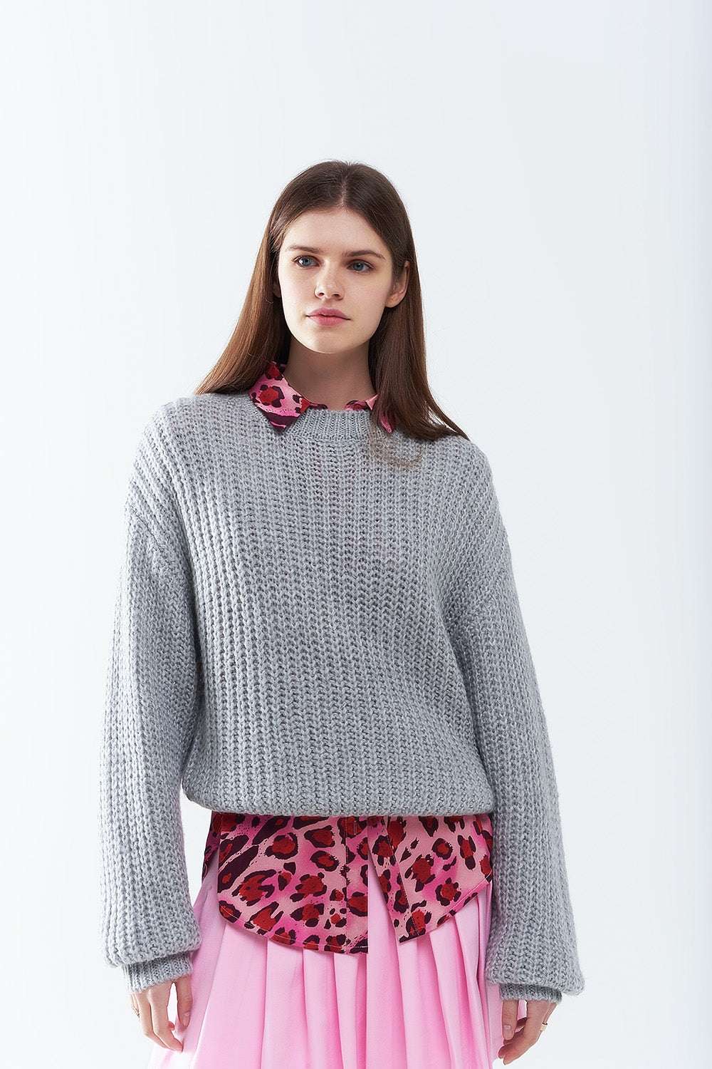 Light grey chunky knit sweater with balloon sleeves - Jumpers