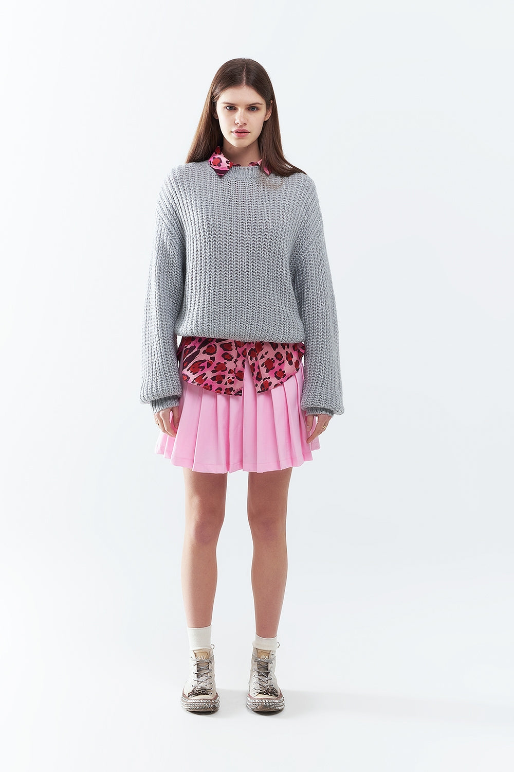 Light grey chunky knit sweater with balloon sleeves - Jumpers