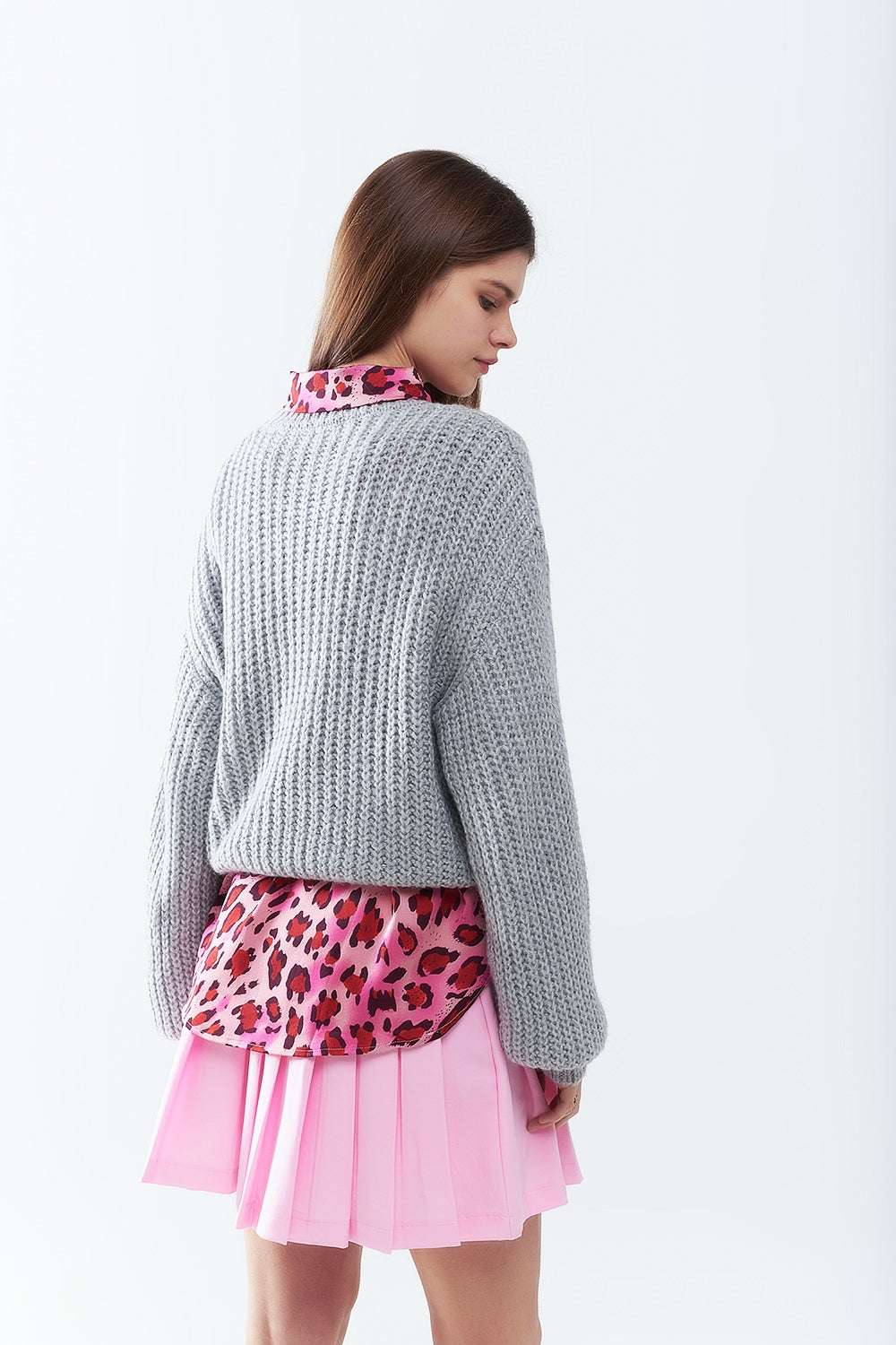 Light grey chunky knit sweater with balloon sleeves - Jumpers