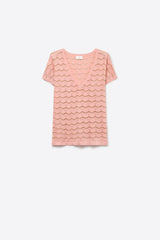 Light Pink Chevron Fine Knit V-Neck Short Sleeve Top