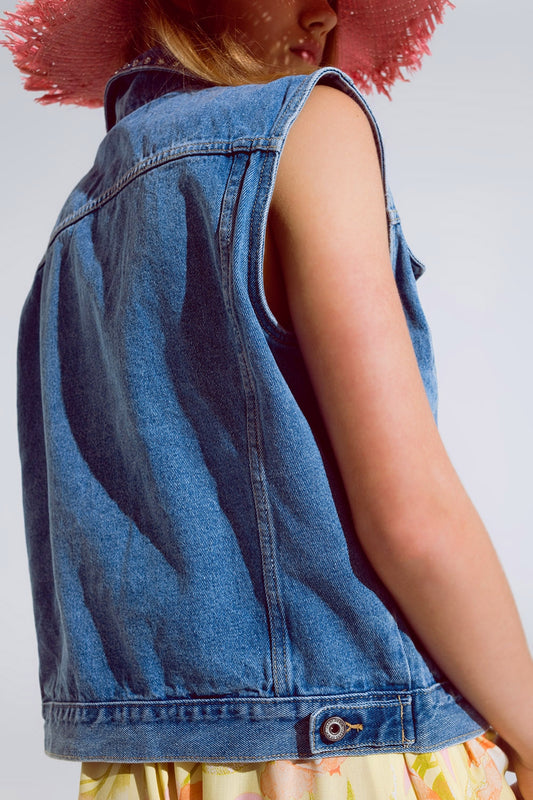 light wash denim vest with rhinestone detail on the collar - Vests