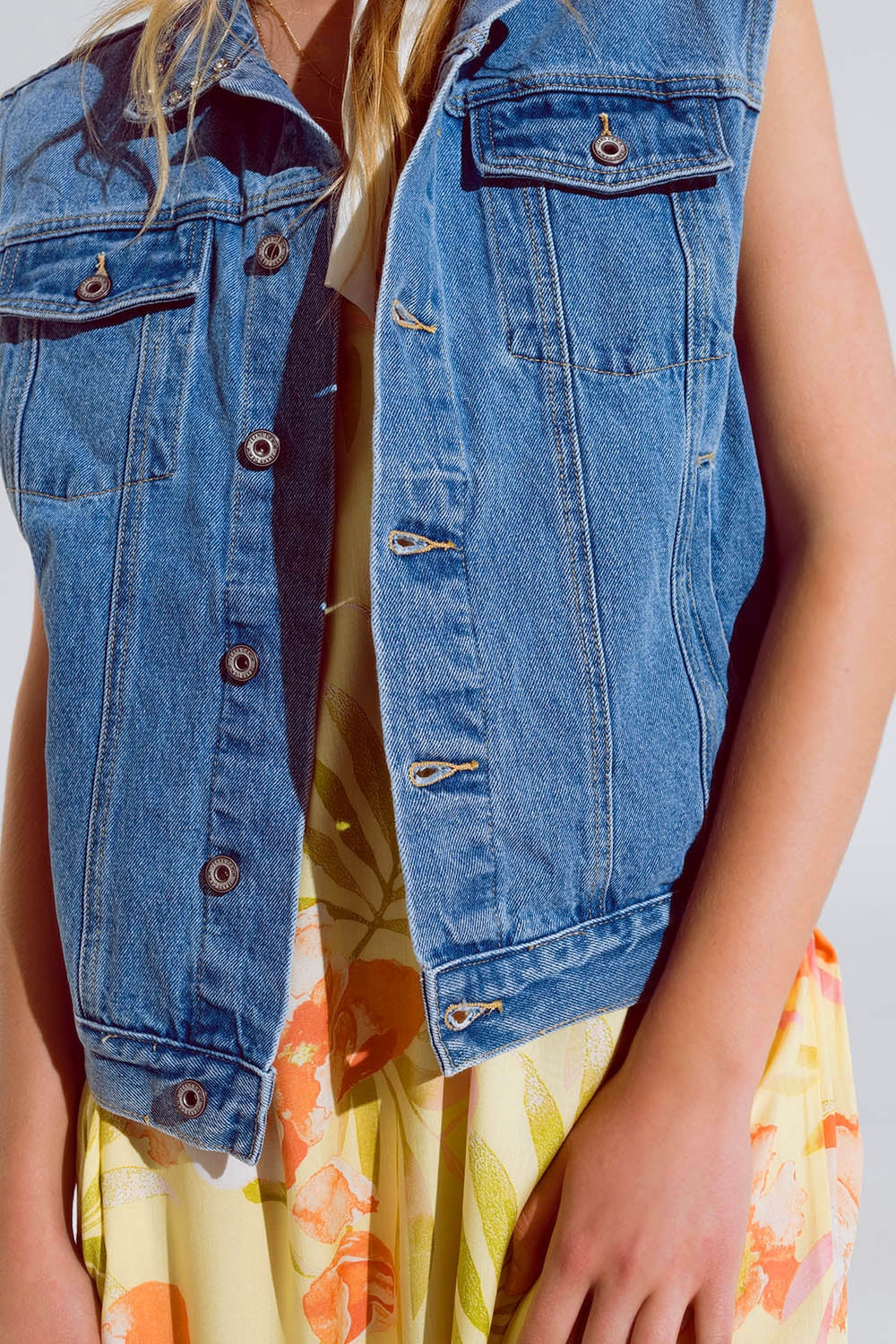 light wash denim vest with rhinestone detail on the collar - Vests