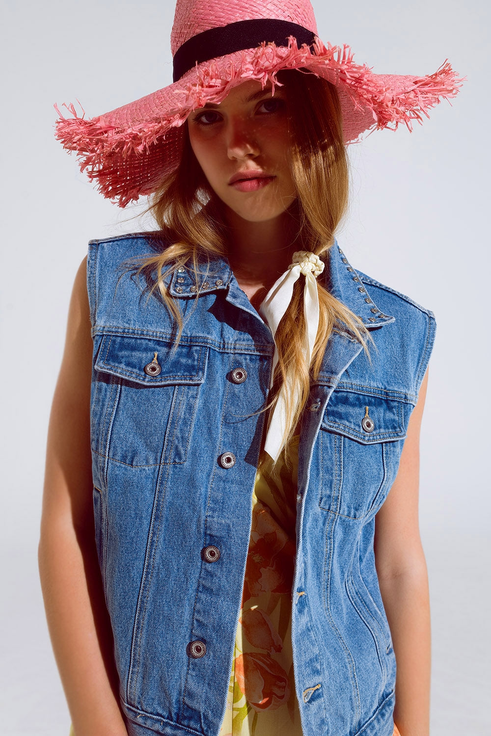 light wash denim vest with rhinestone detail on the collar - Vests