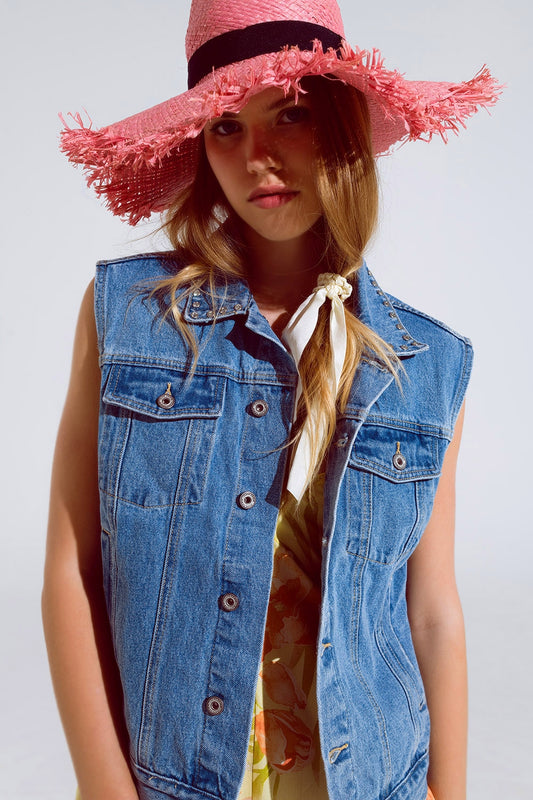light wash denim vest with rhinestone detail on the collar - Vests