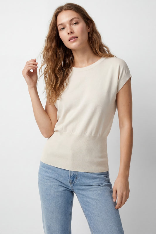 Lightweight Knit sweater with Wide Ribbed Waistband in beige - Sweaters