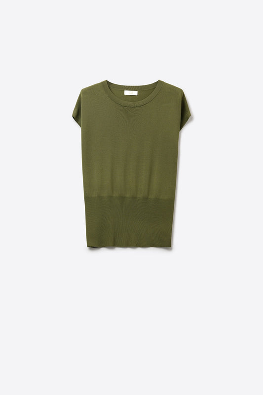 Lightweight Knit sweater with Wide Ribbed Waistband in khaki - Sweaters