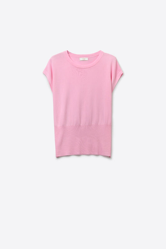 Lightweight Knit sweater with Wide Ribbed Waistband in pink - Sweaters