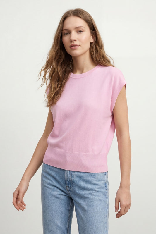 Lightweight Knit sweater with Wide Ribbed Waistband in pink - Sweaters