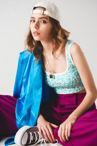 Haut en tricot léger à imprimé animal turquoise