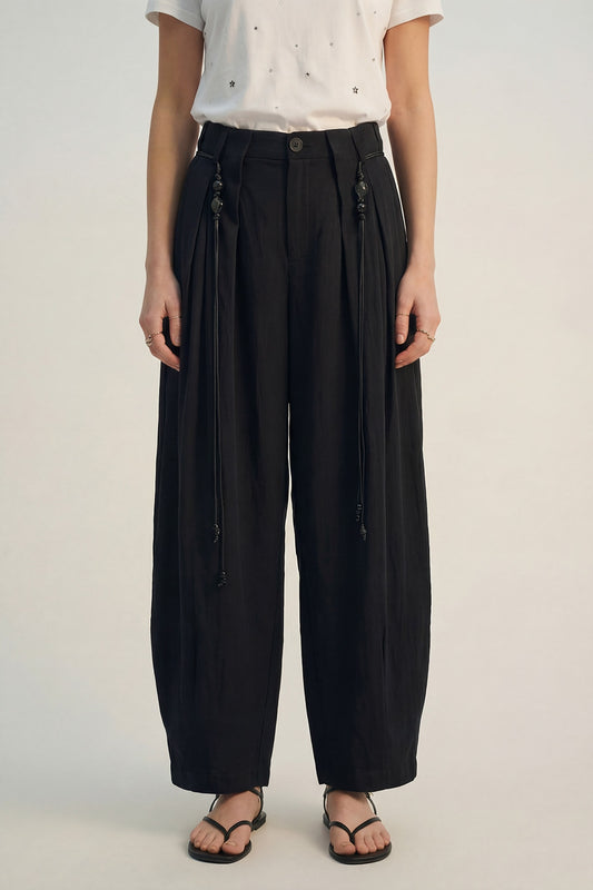 Lightweight Rayon Barrel-Fit Pants in black color - Pants