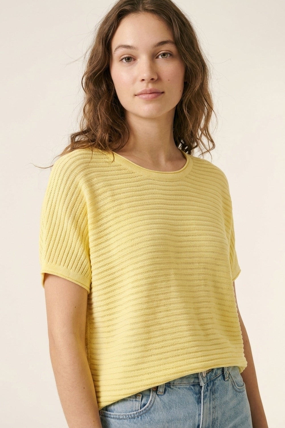 Yellow Lightweight Ribbed Knit Relaxed Fit Top - T-Shirts
