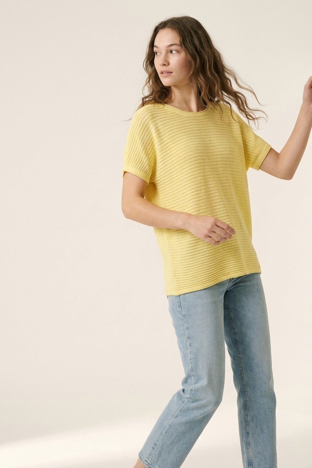 Yellow Lightweight Ribbed Knit Relaxed Fit Top - T-Shirts