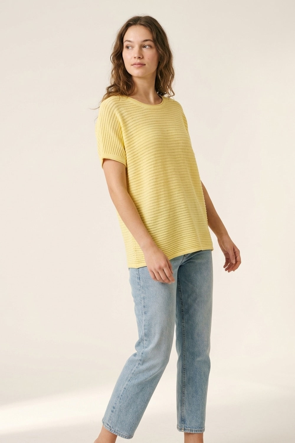Yellow Lightweight Ribbed Knit Relaxed Fit Top - T-Shirts