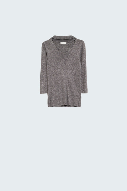 Lightweight Sweater With High Neck An Open V-Neck Detail in Gray - Jumpers