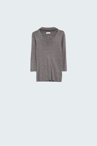 Lightweight Sweater With High Neck An Open V-Neck Detail in Gray