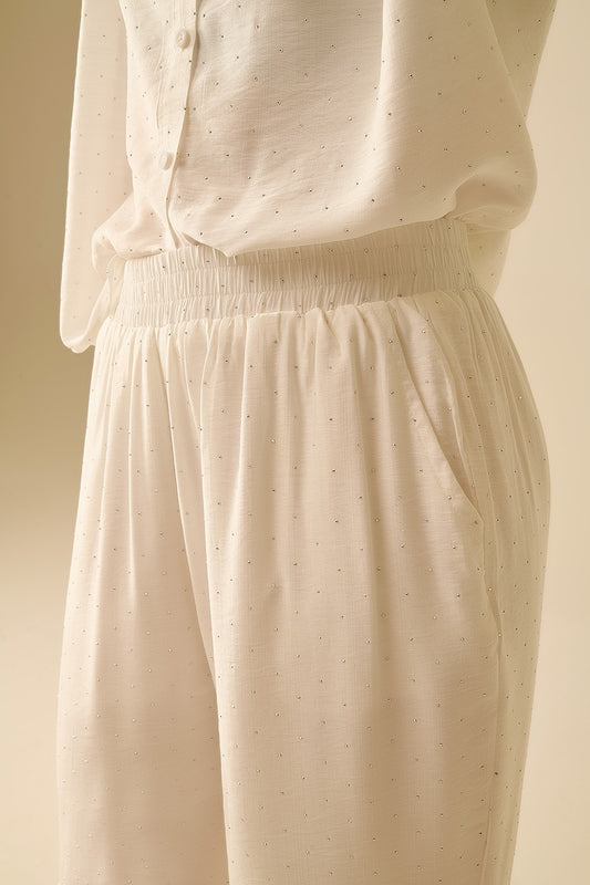 Lightweight wide-legged white pants with strass details - Trousers