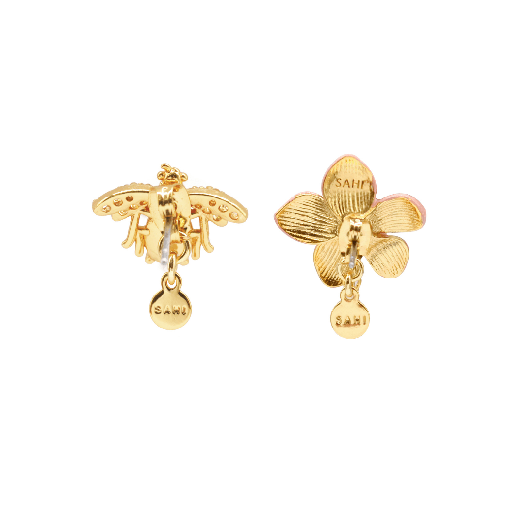 Lilys Flower & Pearl Bee Stud Earrings - EARRINGS