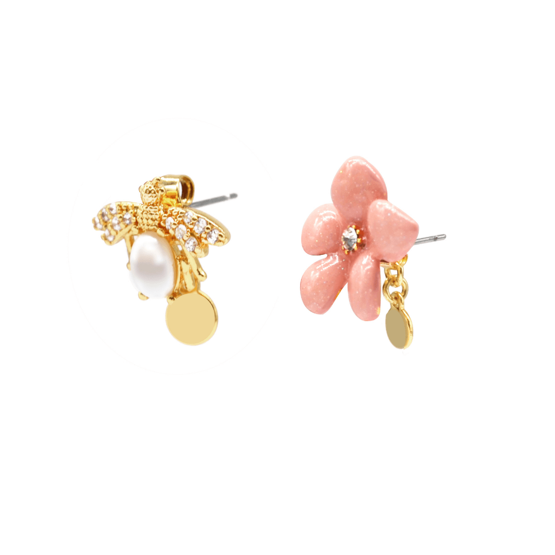 Lilys Flower & Pearl Bee Stud Earrings - EARRINGS