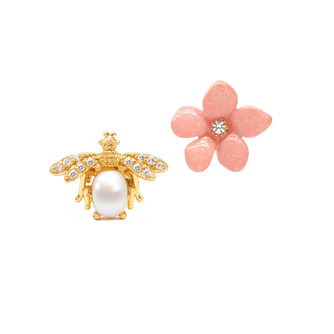 Lilys Flower & Pearl Bee Stud Earrings - EARRINGS
