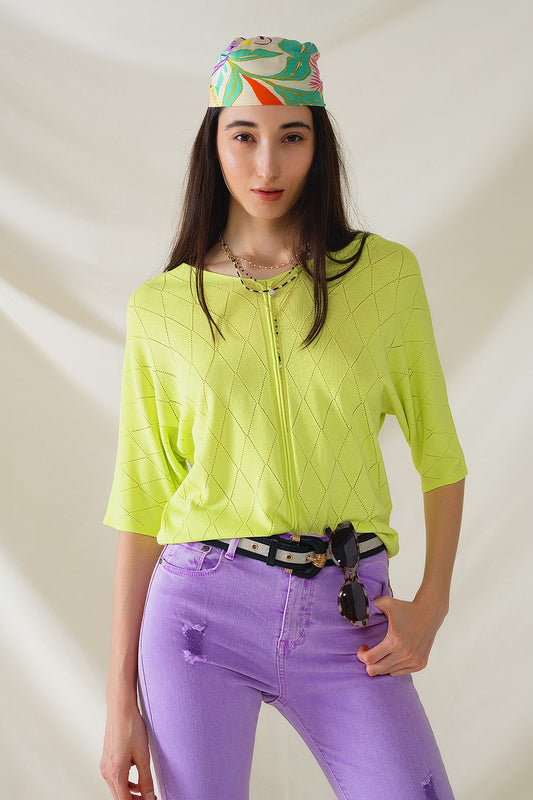 Lime Colored Short Sleeve Sweater With Argyle Pattern - Jumpers
