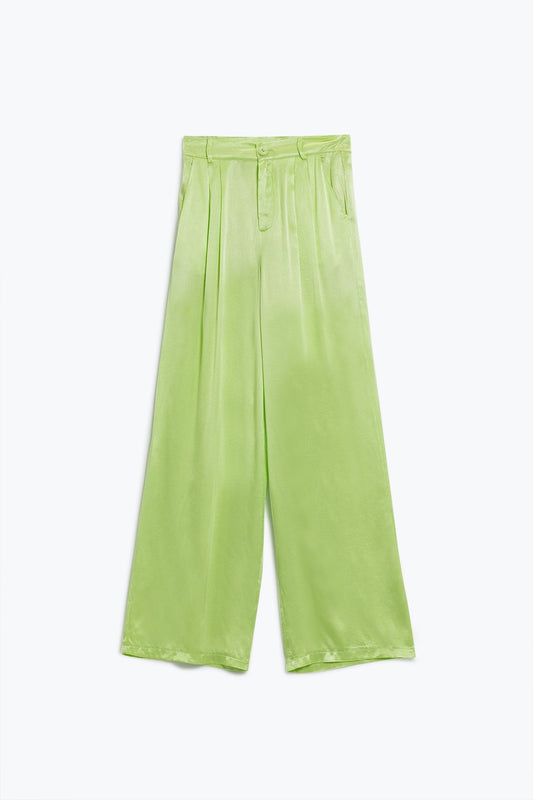 Lime Flared satin Pants With Pockets - Trousers