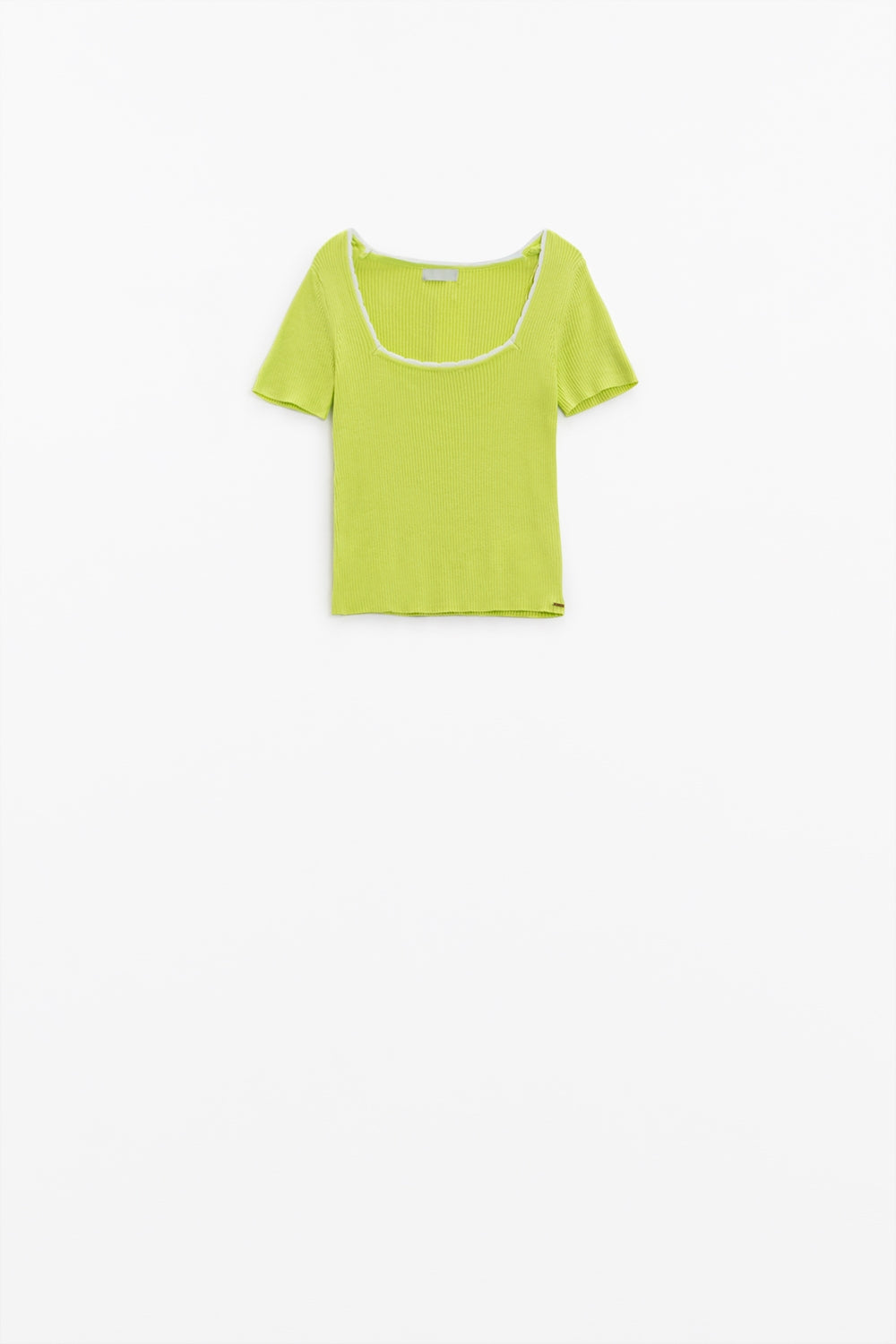 Lime Knitted Short Sleeve Sweater With Square Neck and White Trim - Jumpers