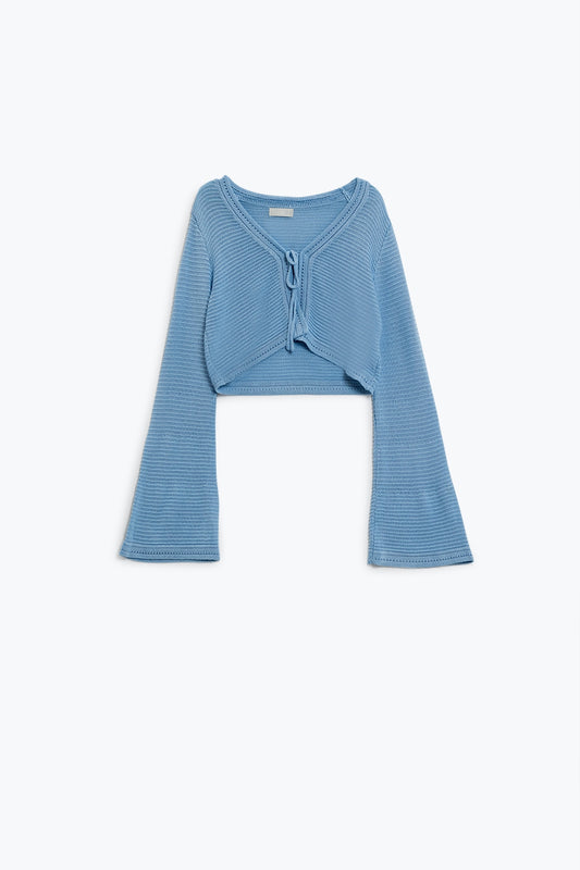 Long Bell Sleeve Knitted Cardigan in blue With knot detail - Cardigans