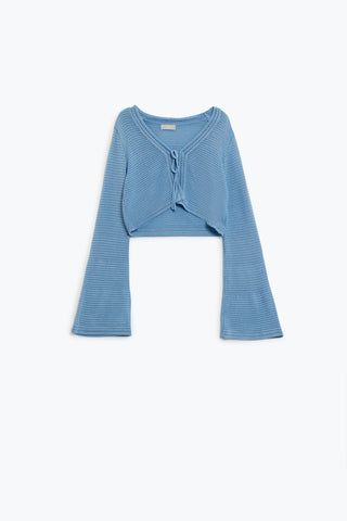 Cardigan de malha com manga comprida azul sino com detalhe de nó