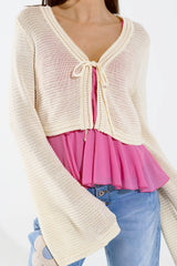 Cardigan longo de malha com manga sino em creme com detalhe de nó