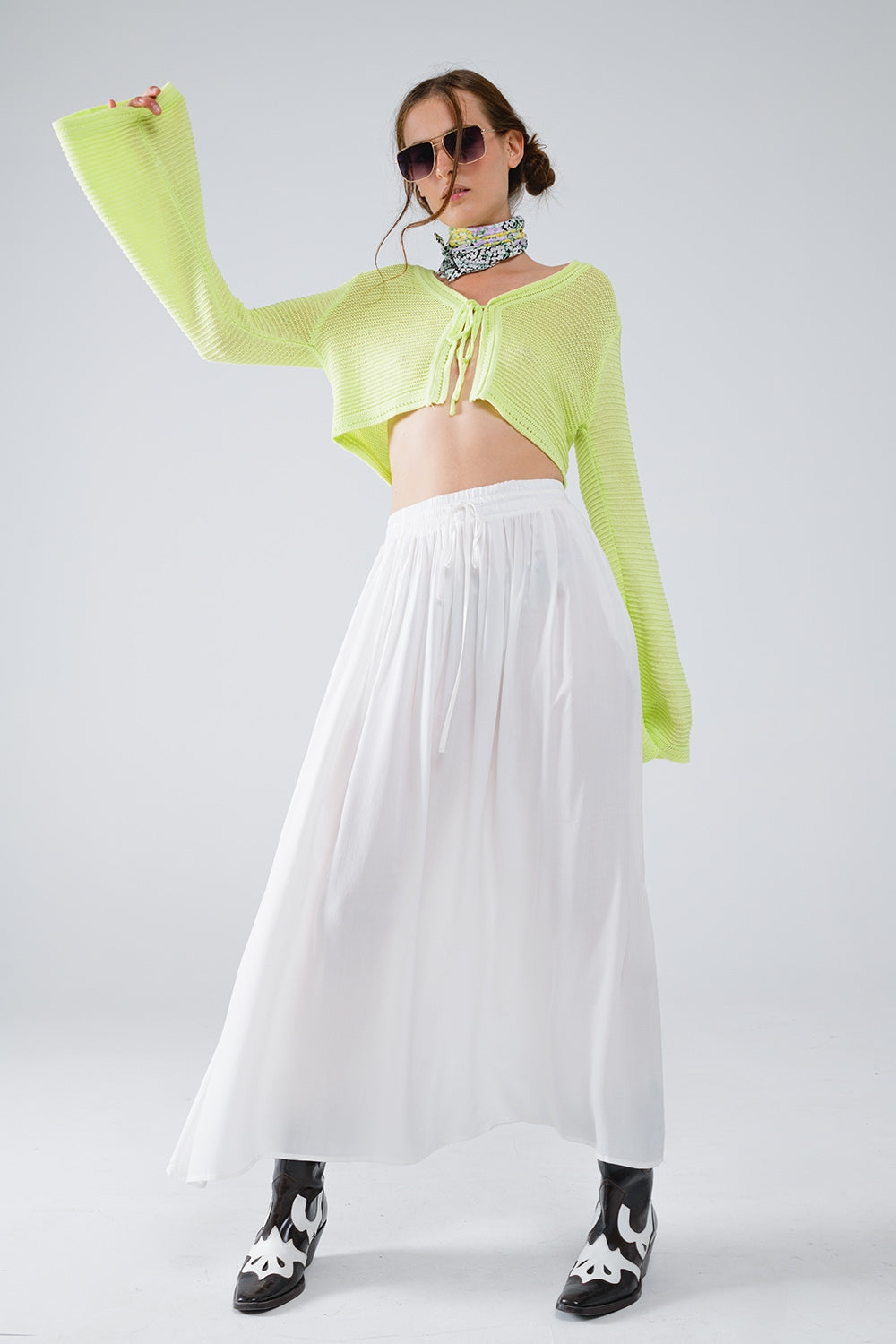 Long Bell Sleeve Knitted Cardigan in Lime Green With knot detail - Cardigans